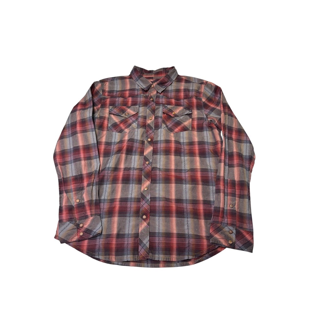 Prana Mens Western Plaid Snap Button Down Shirt Red Grey Organic Cotton Large